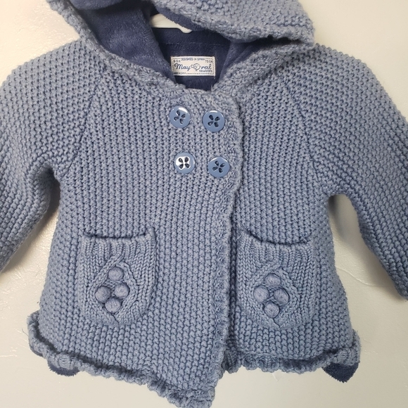 Mayoral Baby Girl 6-9 Months Blue Knit Sweater Cardigan Hooded Faux Fur Pom Pom - Picture 6 of 8